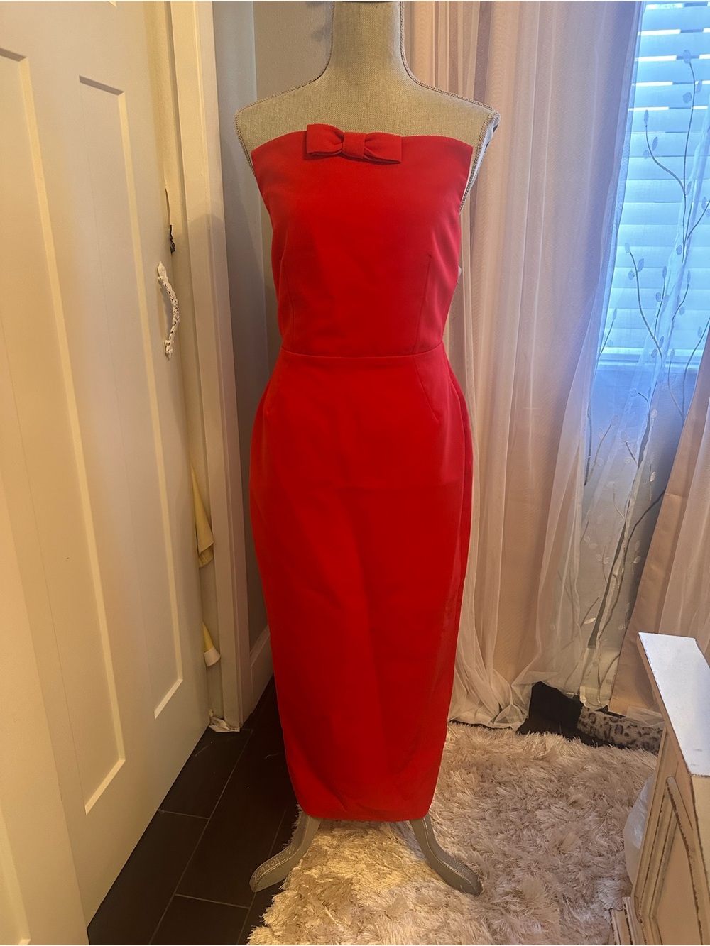 Innovare Denim Strapless Red Bow Sheath Dress